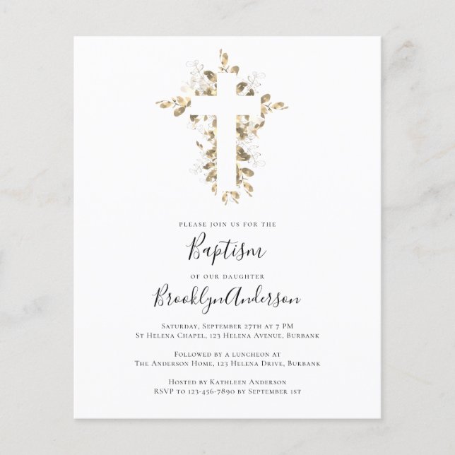 BUDGET Baptism Invitation | Gold Eucalyptus Cross (Front)