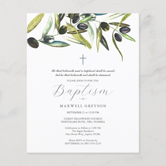 Budget Baptism Invitations Religious Olive Branch Flyer (Front)