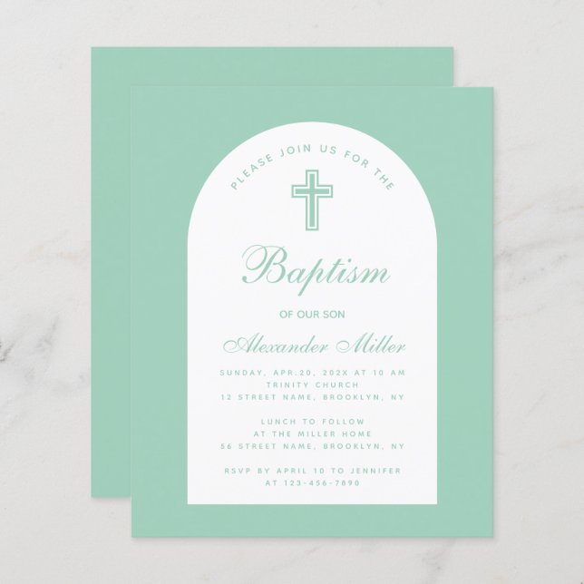 Budget Baptism Mint Arch Christening Invitation (Front/Back)
