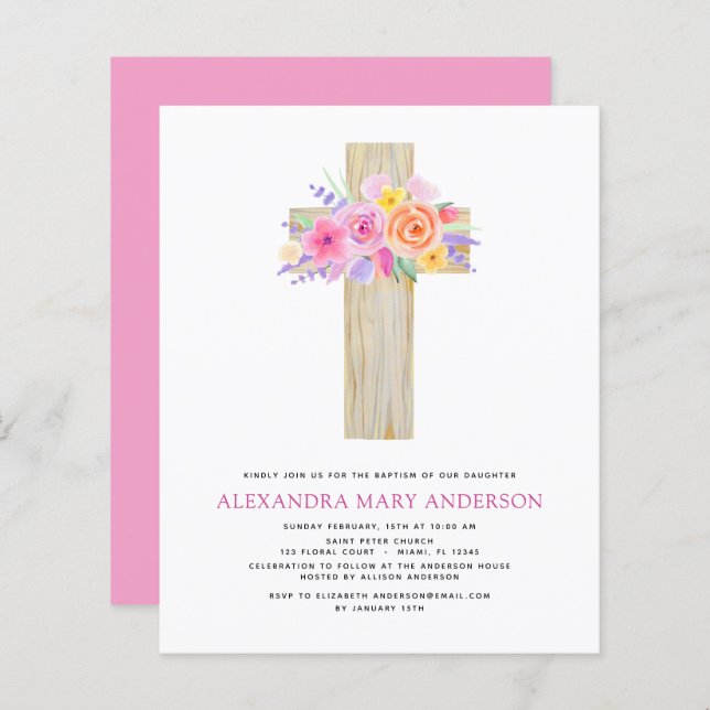 Budget Baptism Pastel Floral Pink Rose Cross (Front/Back)