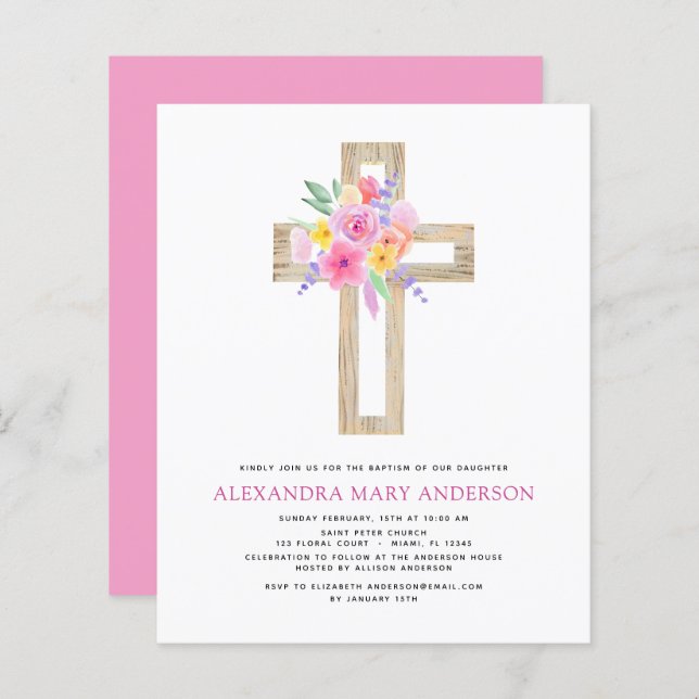 Budget Baptism Pastel Floral Pink Rose Cross (Front/Back)