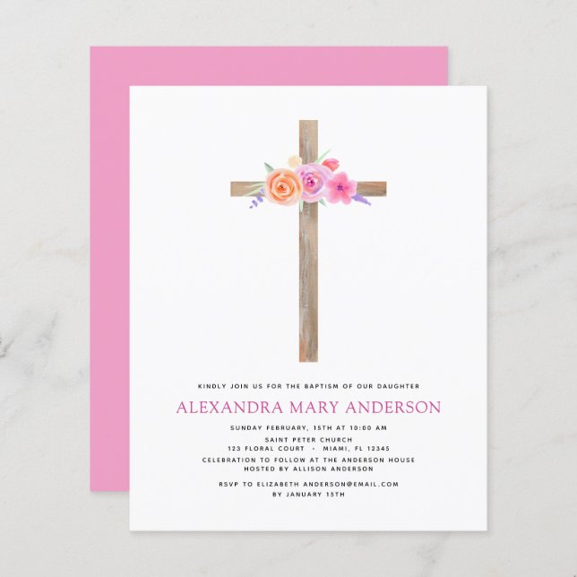 Budget Baptism Pastel Floral Pink Rose Cross (Front/Back)