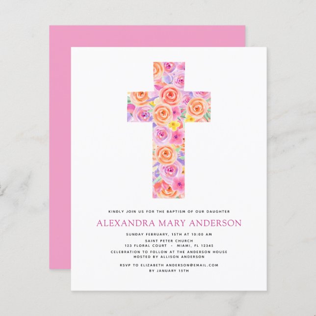Budget Baptism Pastel Floral Pink Rose Cross (Front/Back)