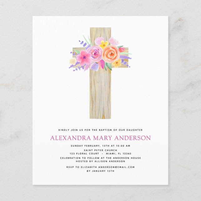 Budget Baptism Pastel Floral Pink Rose Cross Flyer (Front)
