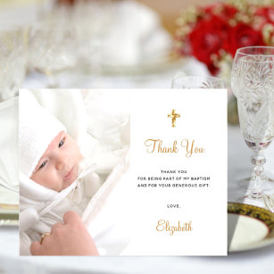 Budget baptism photo white gold thank you card