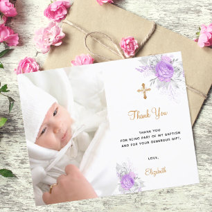 Budget baptism purple florals photo thank you