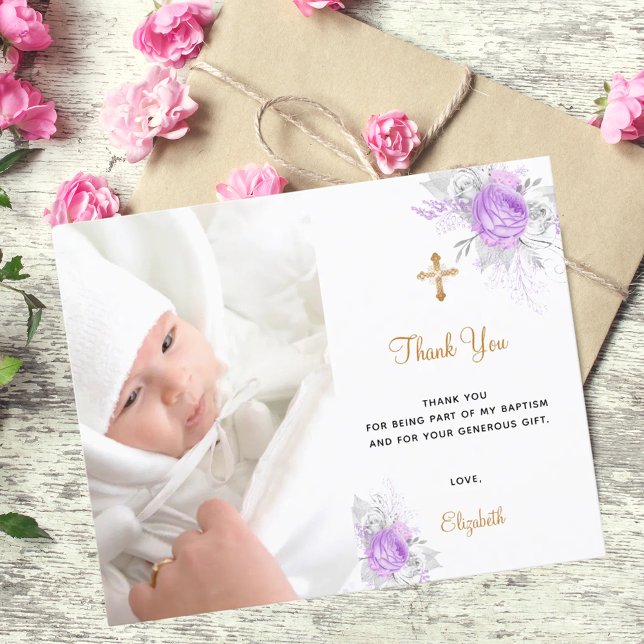Budget baptism purple florals photo thank you (Creator Uploaded)