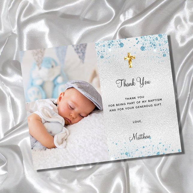 Budget baptism silver blue glitter photo thank you (Creator Uploaded)