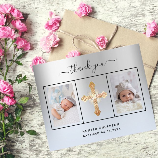 Budget baptism silver blue photo thank you card (Creator Uploaded)