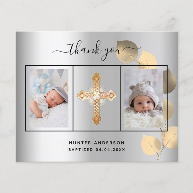 Budget baptism silver eucalyptus photo thank you (Front)