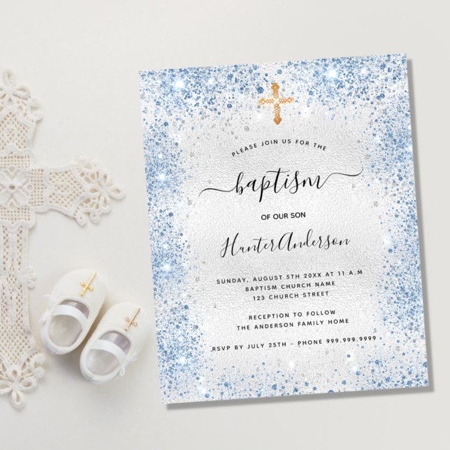 Budget baptism silver glitter blue boy invitation (Creator Uploaded)