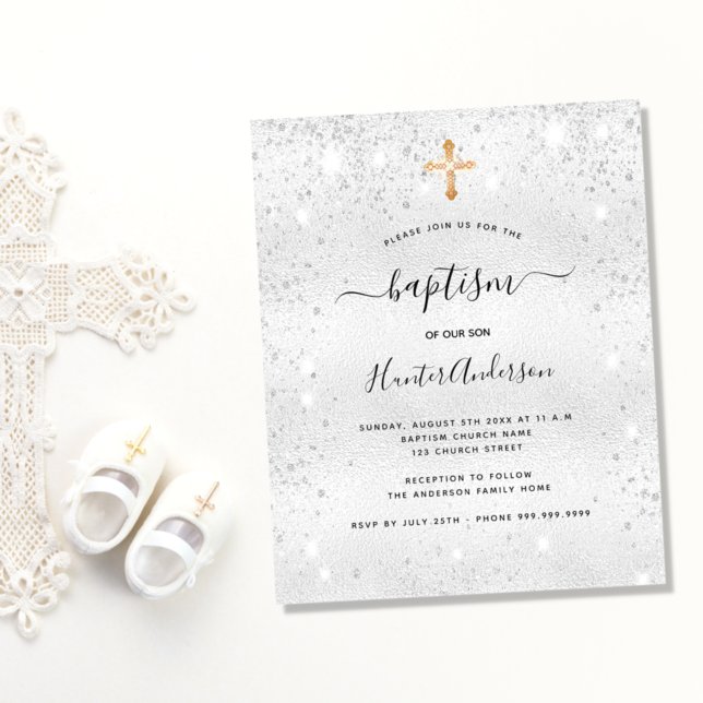 Budget baptism silver glitter boy girl invitation (Creator Uploaded)