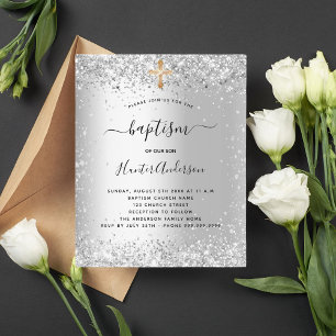 Budget baptism silver glitter invitation