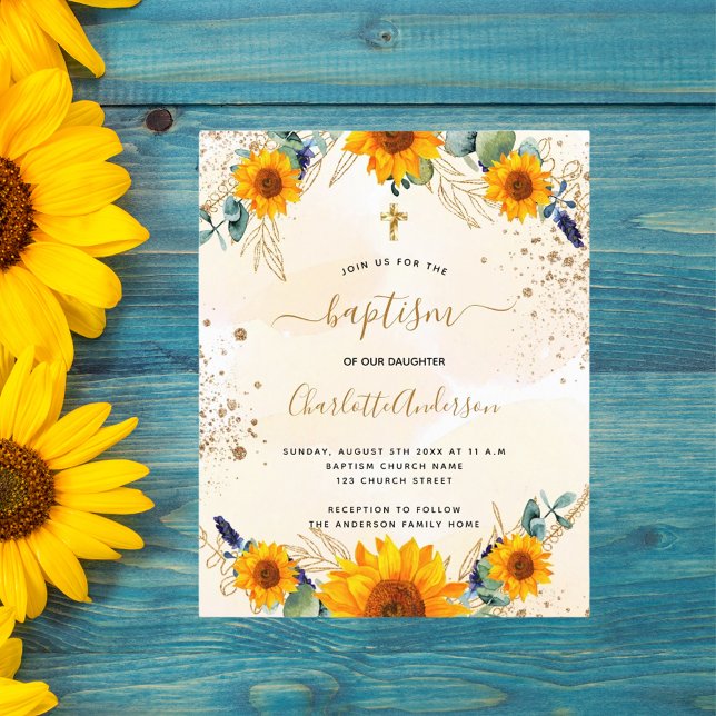 Budget baptism sunflowers eucalyptus gold glitter (Creator Uploaded)