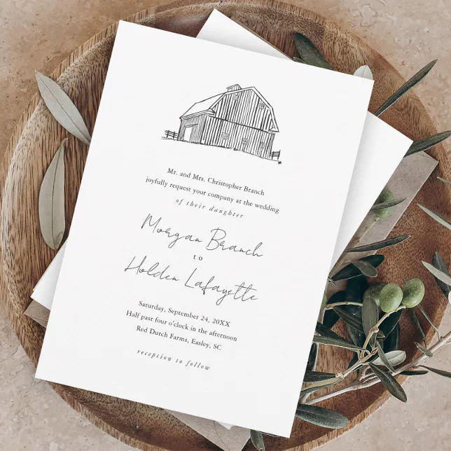 Budget Barn Sketch Rustic Wedding Invitation | Zazzle