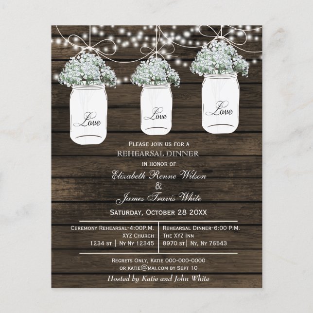Budget Barn Wood Mason Jar Rehearsal Dinner Invite (Front)
