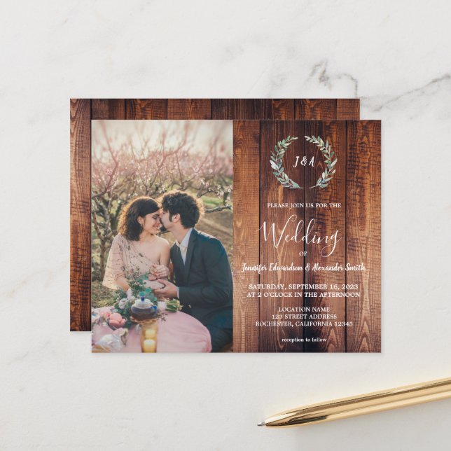 Budget barn wood monogram photo Wedding invitation (Front/Back In Situ)