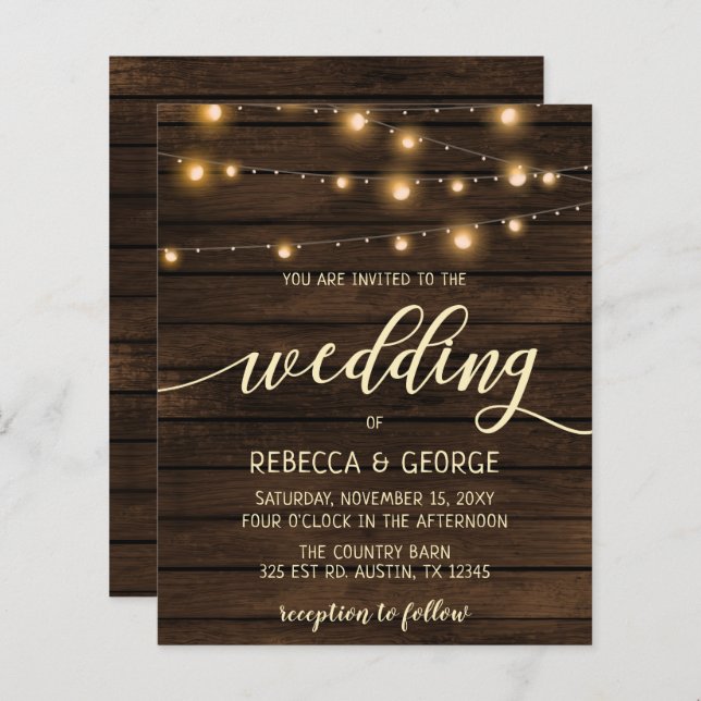 Budget Barn Wood String lights Wedding invitations (Front/Back)