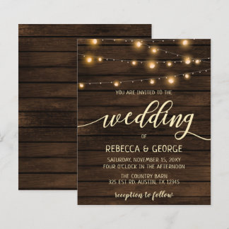 Budget Barn Wood String lights Wedding invitations