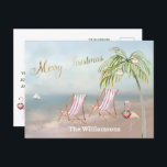 Budget Beach Flamingo Wreath Unique Christmas  Announcement Postcard<br><div class="desc">Merry Christmas on this lovely Watercolor Beach -- peaceful and gentle scene with two beach chairs -- friendly flamingo with lovely wreath -- Palm tree with a few ornaments.  Also available in different paper weights -- your selection.</div>