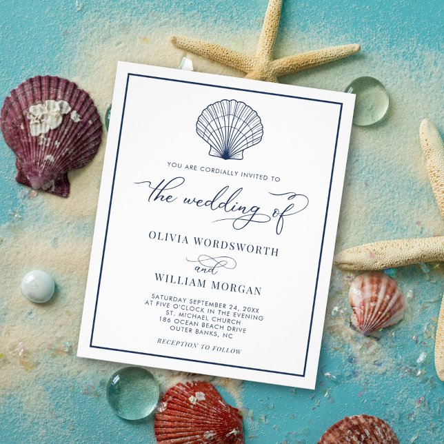 Budget Beach Seashell Wedding Invite White Navy Flyer (Creator Uploaded)