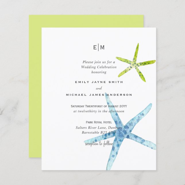 Budget Beachy Life Blue Lime Wedding Invites (Front/Back)