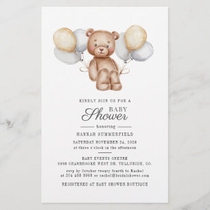 Budget Bear Balloons Baby Shower Invitation Card