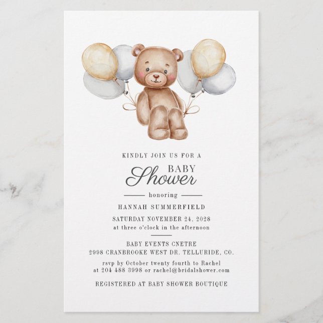 Budget Bear Balloons Baby Shower Invitation Card (Front)