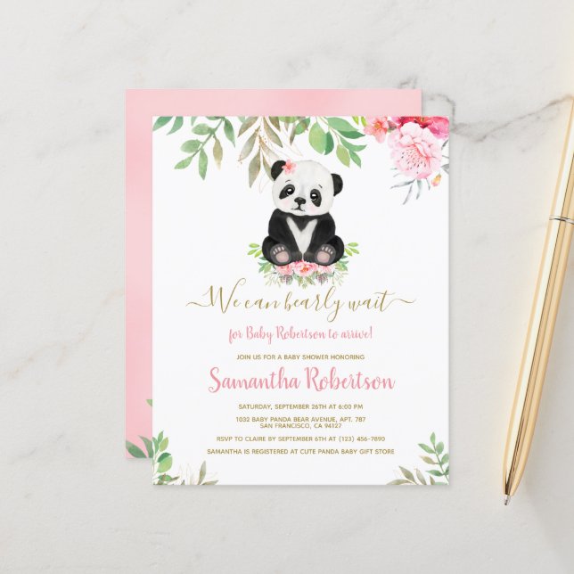 Budget Bear Pink Rose Girl Baby  Shower Invitation (Front/Back In Situ)