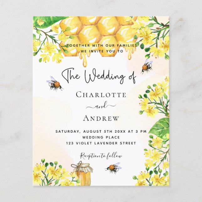 Budget Bee wedding yellow florals invitation (Front)