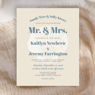 Budget Beige Blue Shell Beach Wedding Invitation