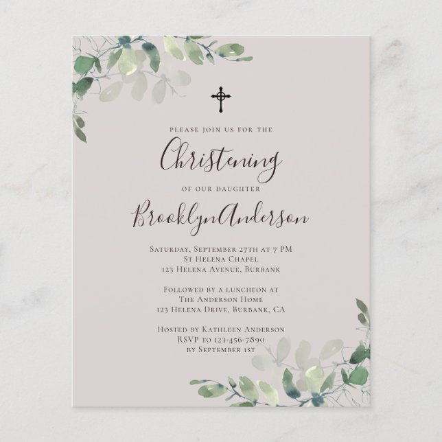 Budget Beige Eucalyptus Christening Invitation (Front)