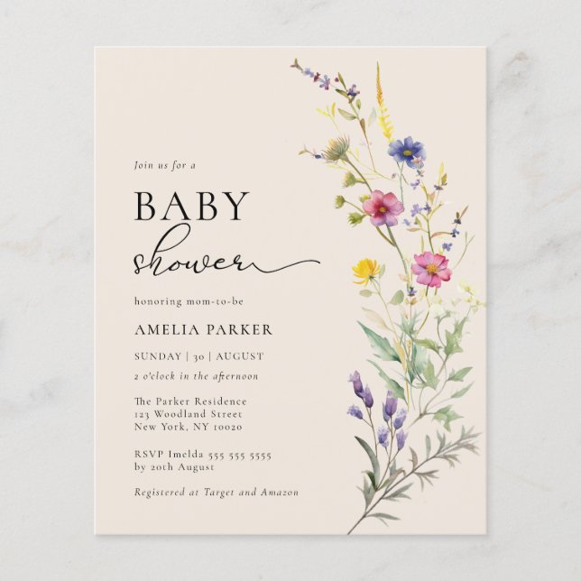 Budget Beige Wildflower Floral Baby Shower Invite (Front)