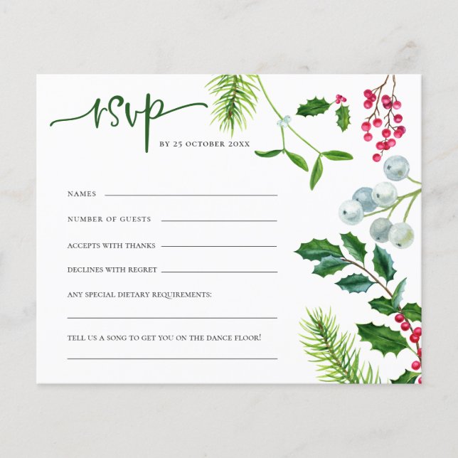 BUDGET Berries Mistletoe Christmas Wedding RSVP (Front)