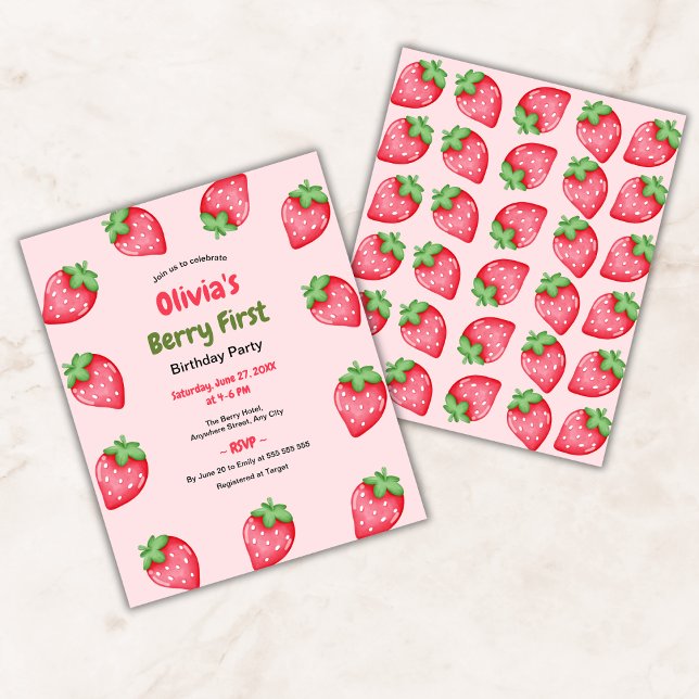 Budget Berry First Birthday 1st Birthday Invite  (Budget Berry First Birthday Strawberry 1st Birthday Invitation )