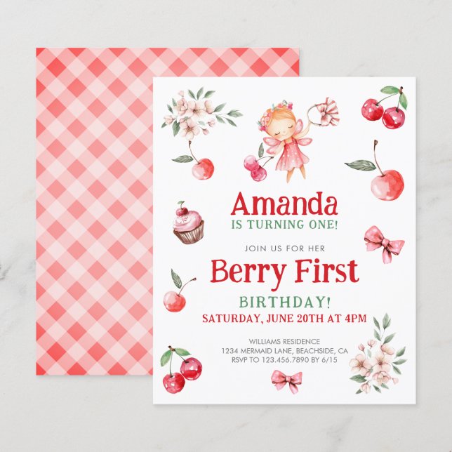 Budget Berry First Cherry Birthday Invitation (Front/Back)