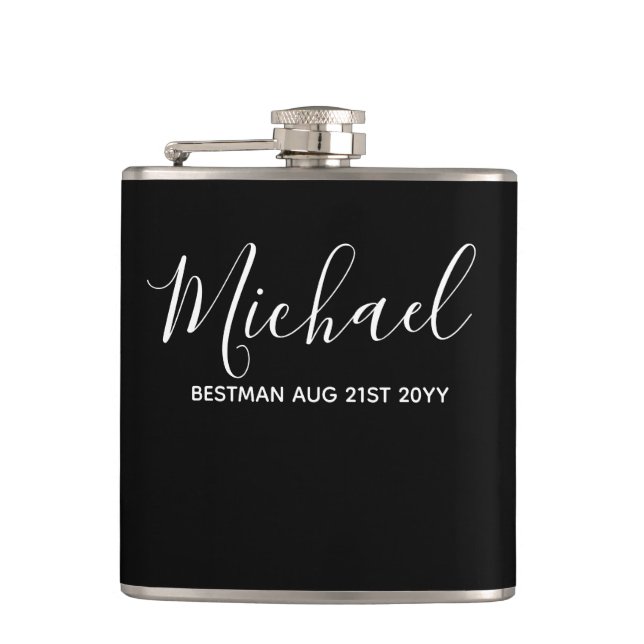 BUDGET Bestman Groomsman GIFTS Classic Black Hip Flask (Front)