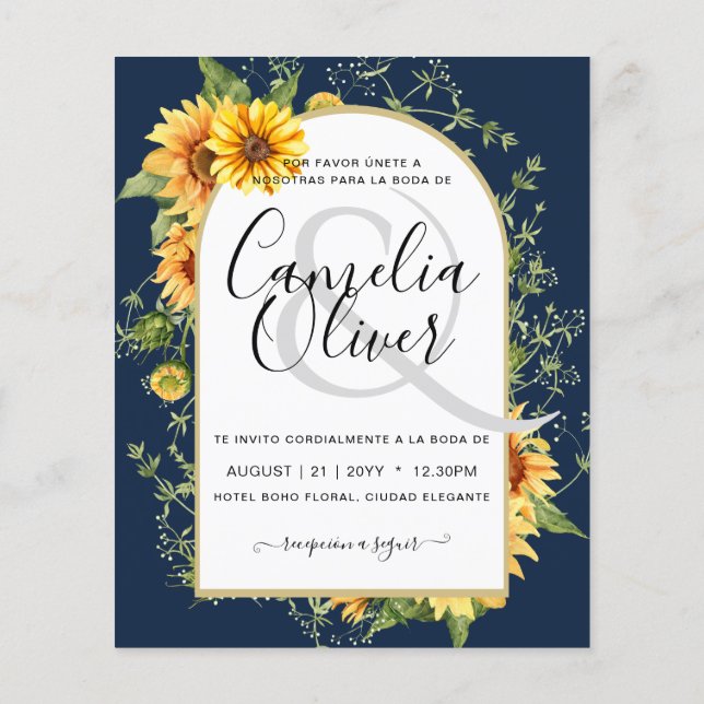 BUDGET Bilingual Sunflowers Spanish Wedding Boda Flyer (Back)