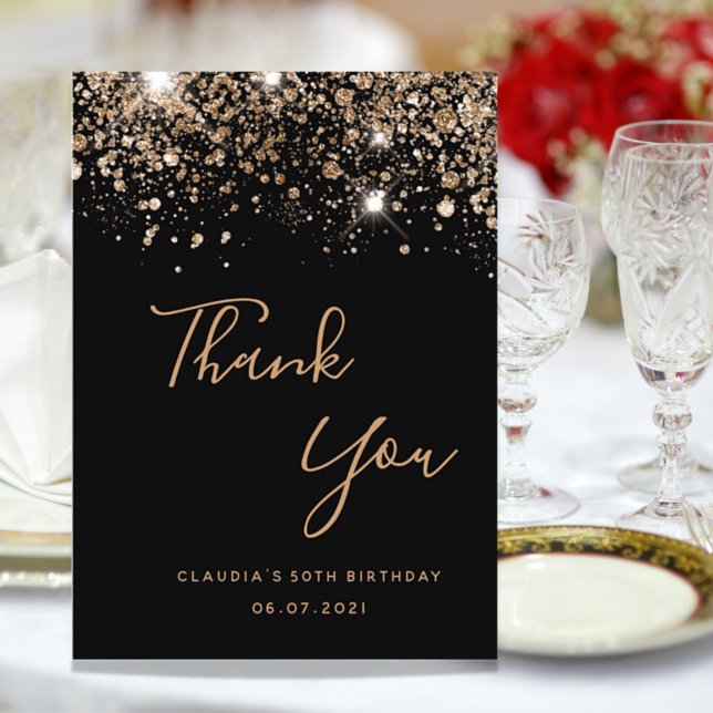 Budget Birthday black gold glitter thank you card (Creator Uploaded)
