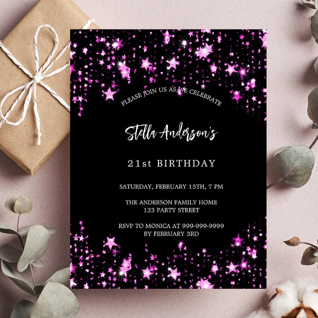 Budget birthday black pink stars invitation (Creator Uploaded)