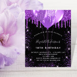Budget birthday black purple balloons invitation<br><div class="desc">For an elegant 18th (or any age) birthday.  A stylish black background. Decorated with purple faux glitter and balloons.  Personalise and add a name,  age and party details. The name is written with a hand lettered style script</div>