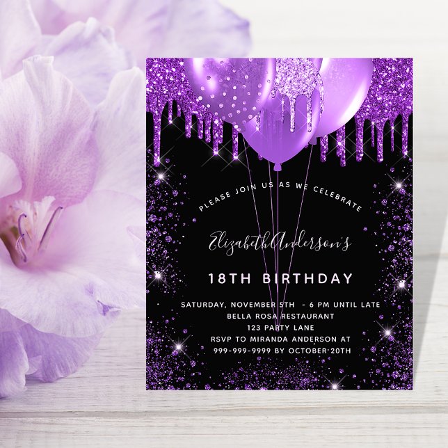 Budget birthday black purple balloons invitation (Creator Uploaded)