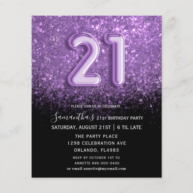 Budget Birthday Black & Purple Glitter Invitation (Front)