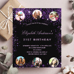 Budget birthday black purple photo invitation<br><div class="desc">A girly and feminine 21st (or any age) birthday party invitation. On front: A chic black background. Decorated with dark purple faux glitter dust. Personalise and add a name, party details and 6 photos. The name is written with a hand lettered style script, light purple coloured letters. Back: black background...</div>