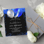 Budget birthday black royal blue invitation<br><div class="desc">A girly and feminine 18th (or any age) birthday party invitation. On front: A chic black background. Decorated with royal blue faux glitter drips,  paint dripping look and balloons. Personalise and add a name and party details. The name is written with a hand lettered style script.</div>