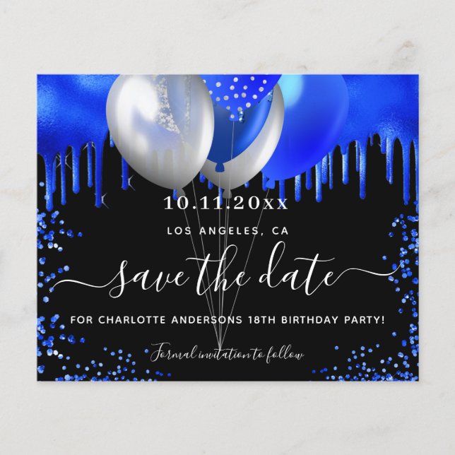 Budget birthday black royal blue save the date (Front)