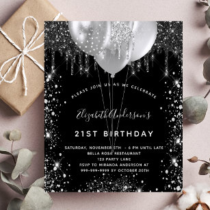 Budget birthday black silver glitter invitation