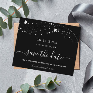 Budget birthday black silver stars save the date