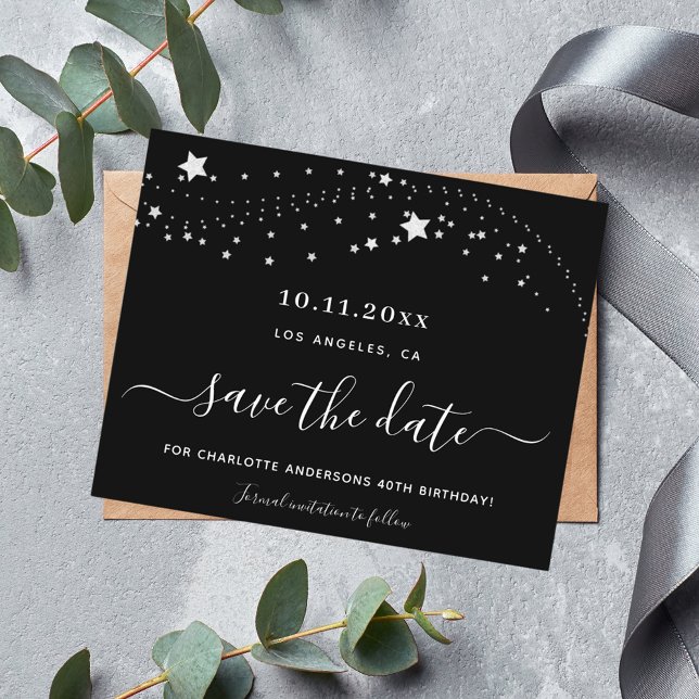 Budget birthday black silver stars save the date (Creator Uploaded)