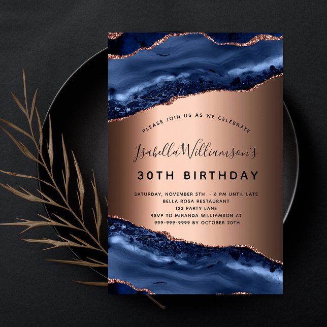 Budget birthday blue agate rose gold invitation (Creator Uploaded)